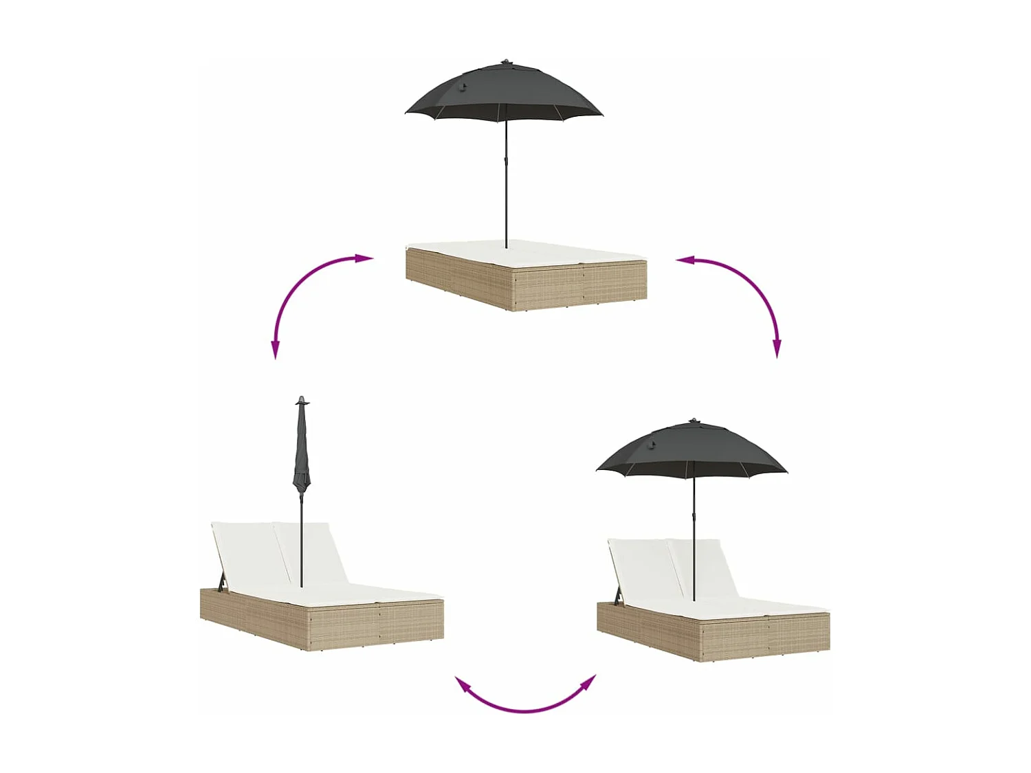 Ligbed 2-persoons met kussens en parasol poly rattan beige