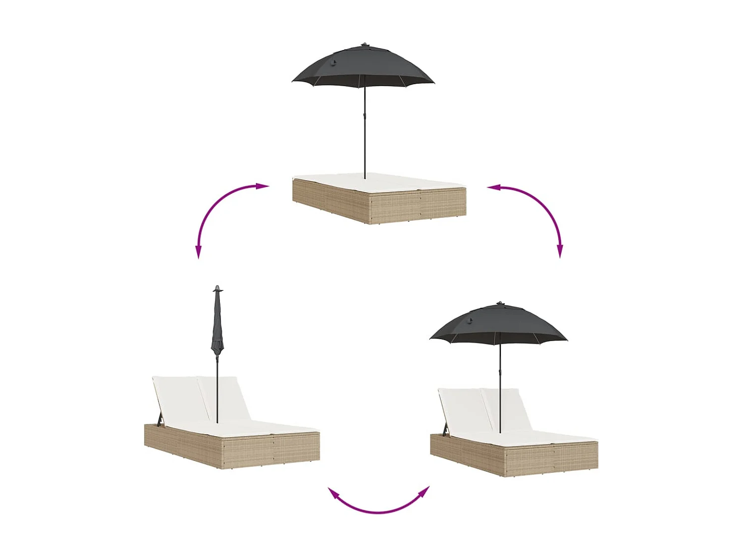 Chaise longue double avec coussins et parasol beige poly rotin