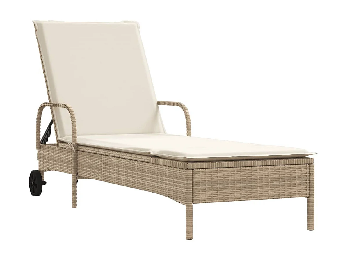 Ligbed met wielen en kussen poly rattan beige
