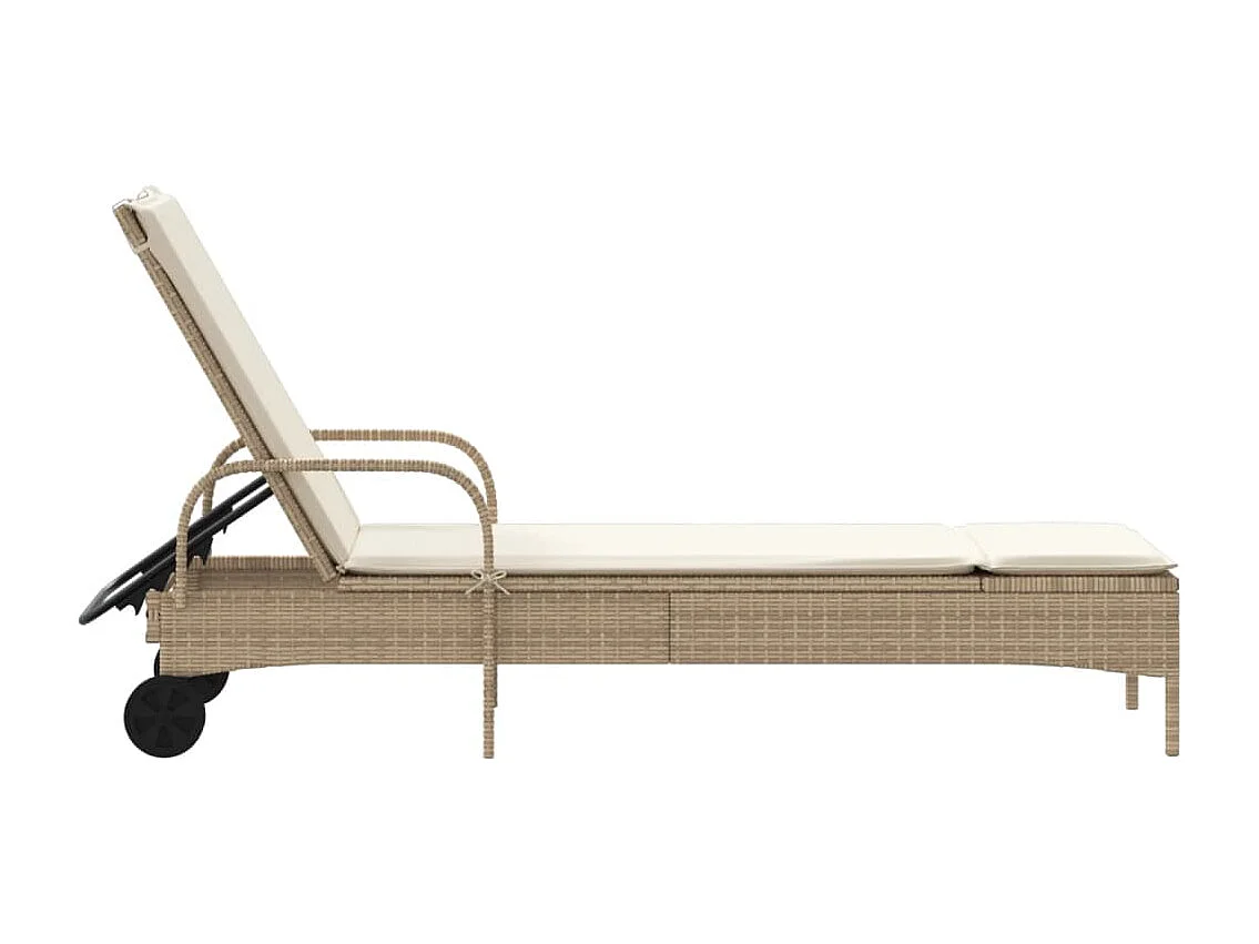 Ligbed met wielen en kussen poly rattan beige