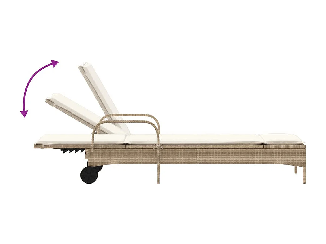 Ligbed met wielen en kussen poly rattan beige