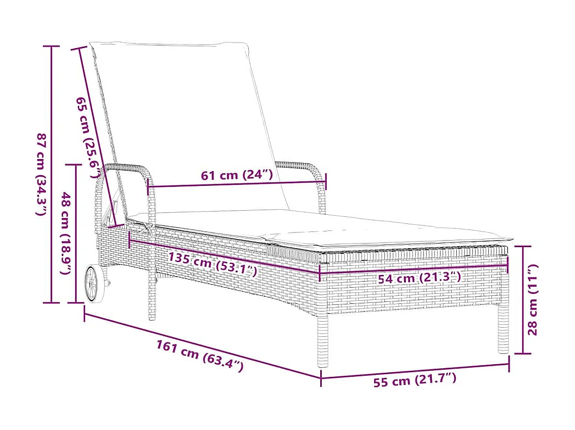 Ligbed met wielen en kussen poly rattan beige