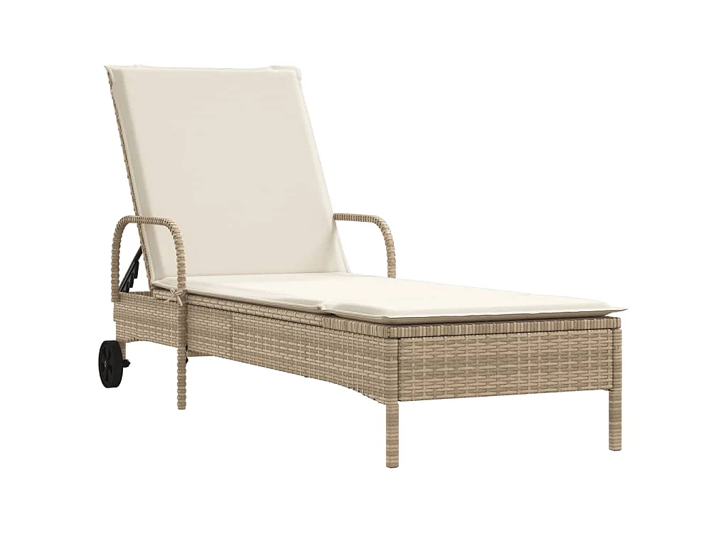 Chaise longue avec roues et coussin beige résine tressée