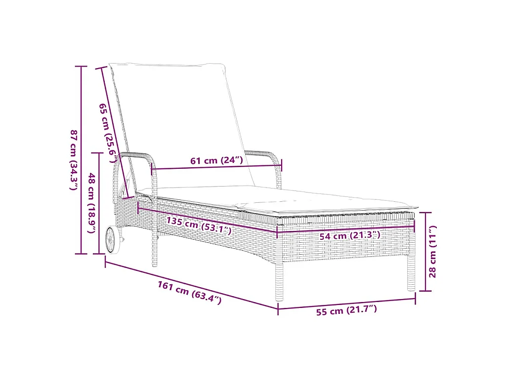 Chaise longue avec roues et coussin beige résine tressée