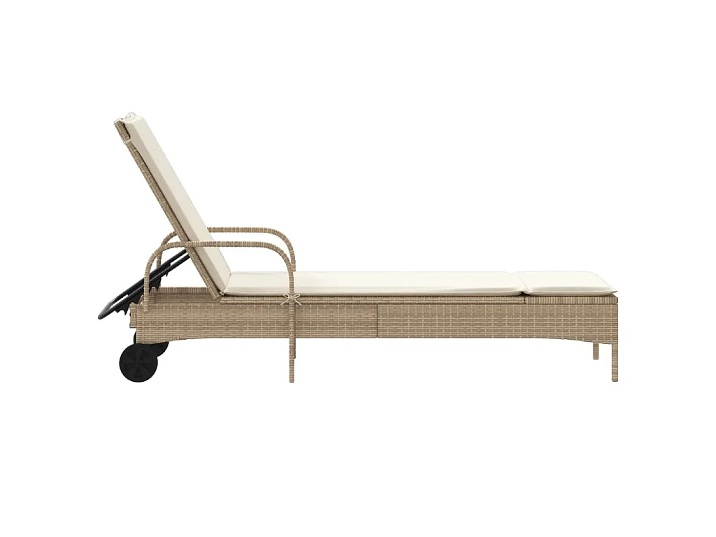 Chaise longue avec roues et coussin beige résine tressée