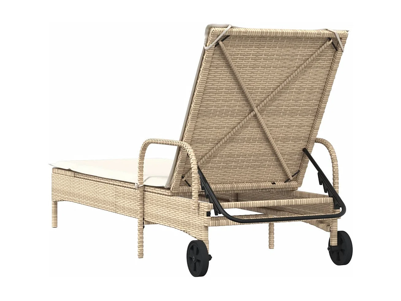 Chaise longue avec roues et coussin beige résine tressée