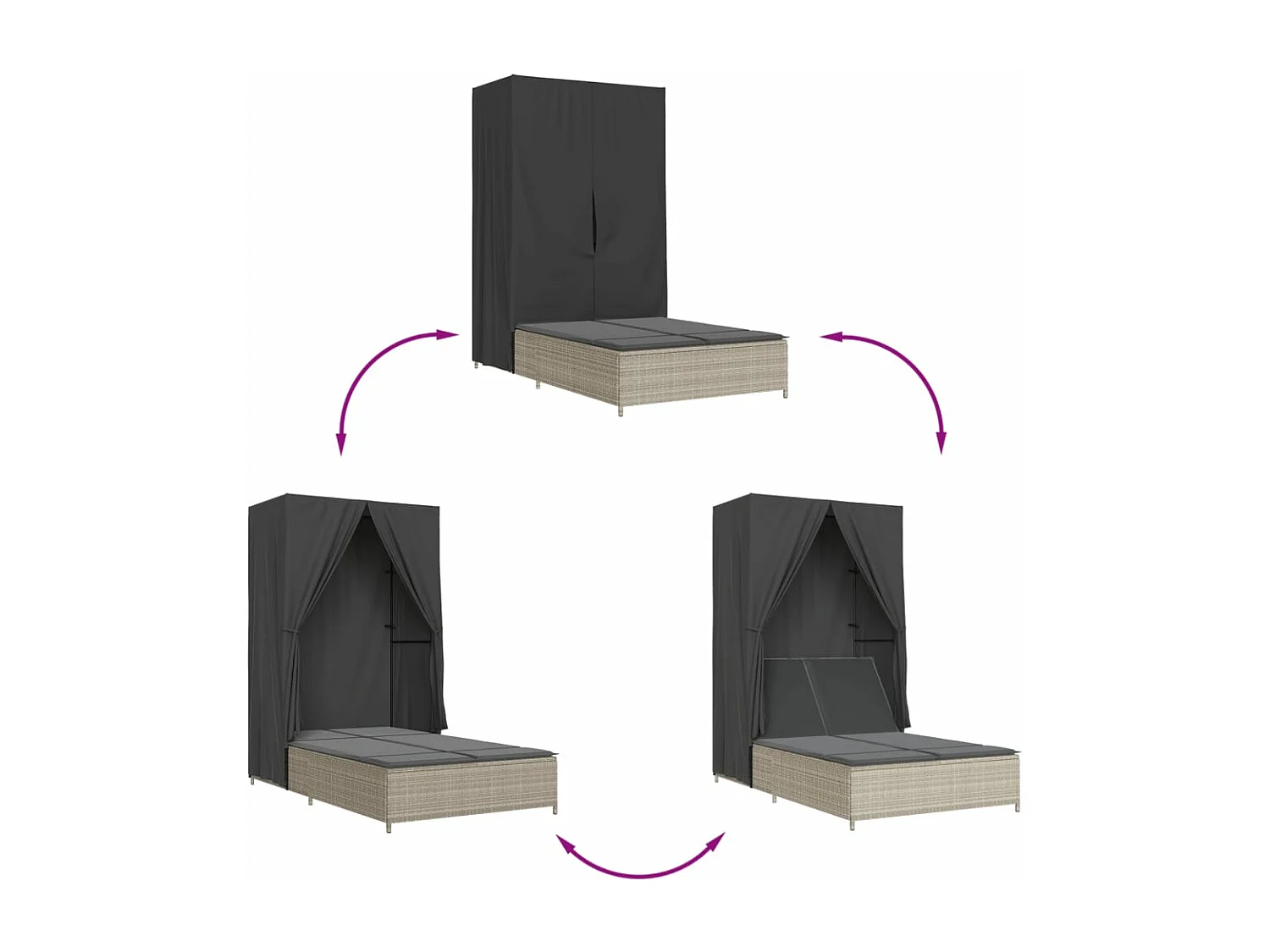 Espreguiçadeira dupla c/ teto e cortinas vime PE cinzento-claro