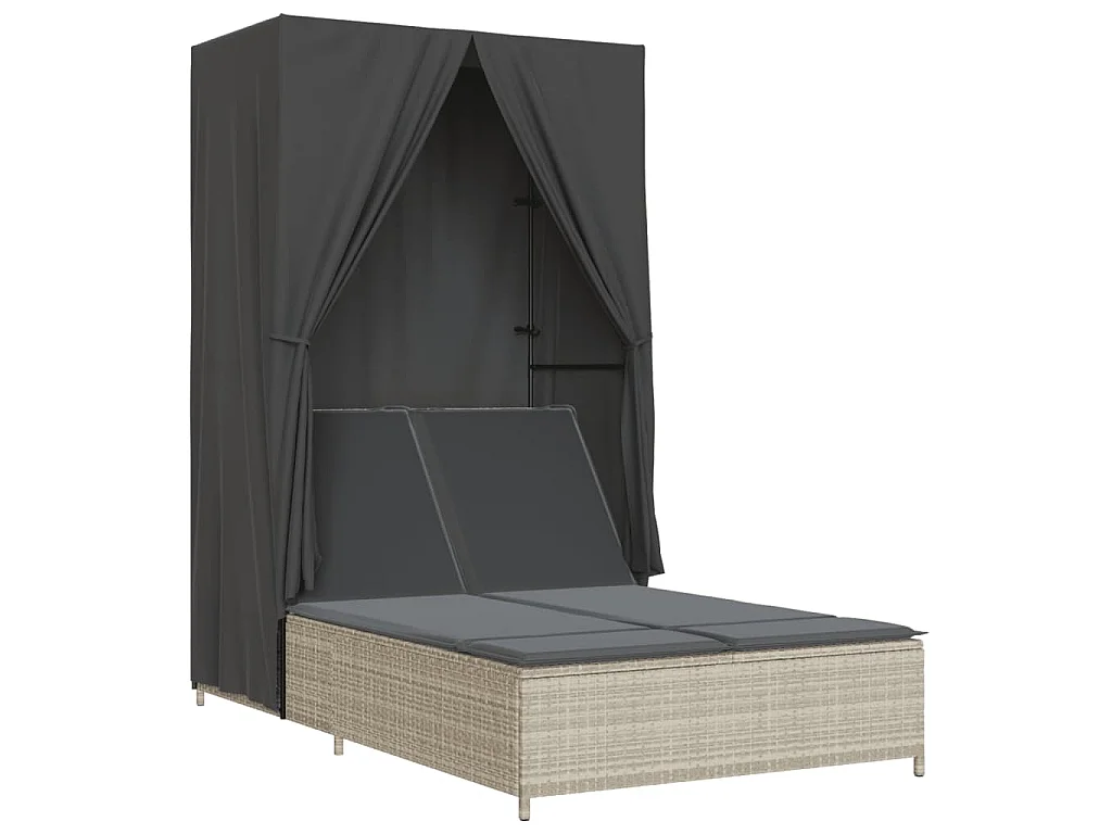 Ligbed tweepersoons met dak en gordijn poly rattan lichtgrijs