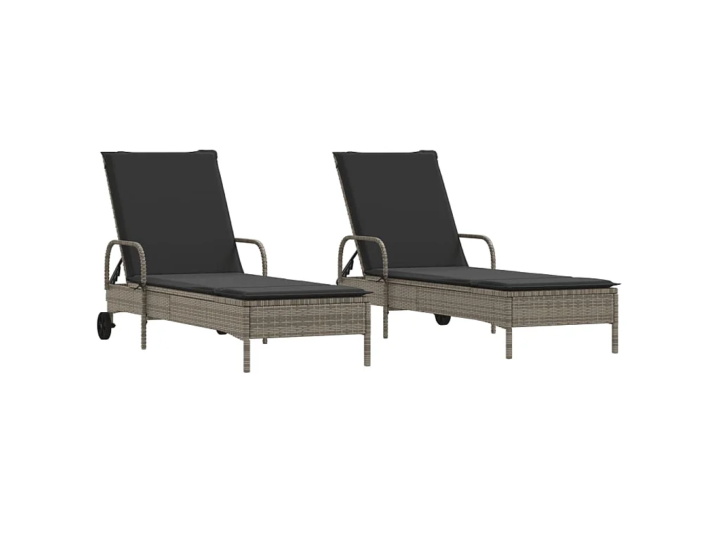 Sonnenliegen mit Auflagen 2 Stk. Grau Poly Rattan