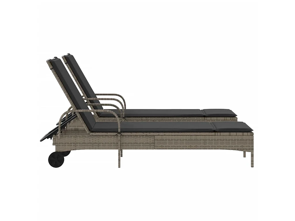 Sonnenliegen mit Auflagen 2 Stk. Grau Poly Rattan