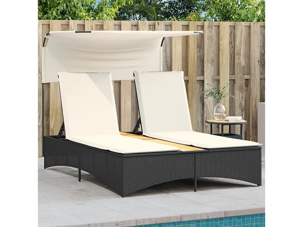 Chaise longue double et auvent et coussins noir résine tressée