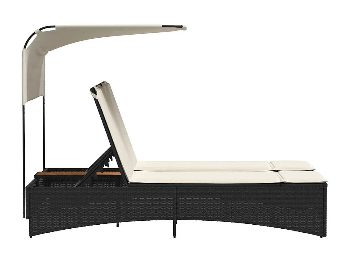 Chaise longue double et auvent et coussins noir résine tressée