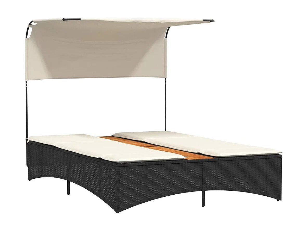 Ligbed 2-persoons met luifel en kussens poly rattan zwart