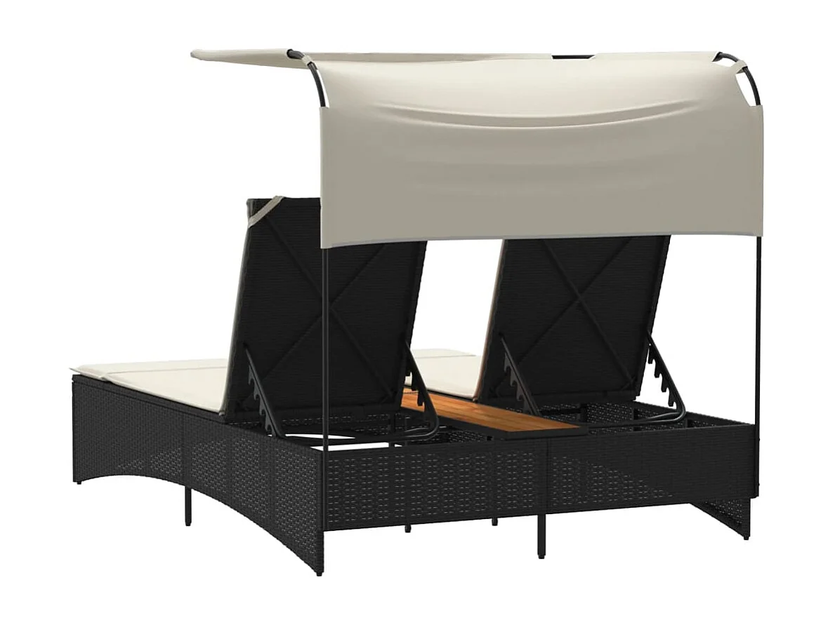 Ligbed 2-persoons met luifel en kussens poly rattan zwart