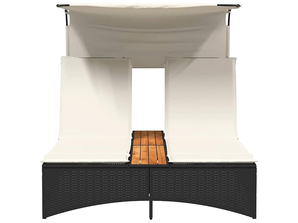 Chaise longue double et auvent et coussins noir résine tressée