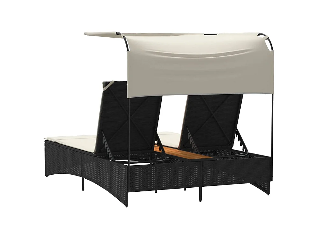 Chaise longue double et auvent et coussins noir résine tressée