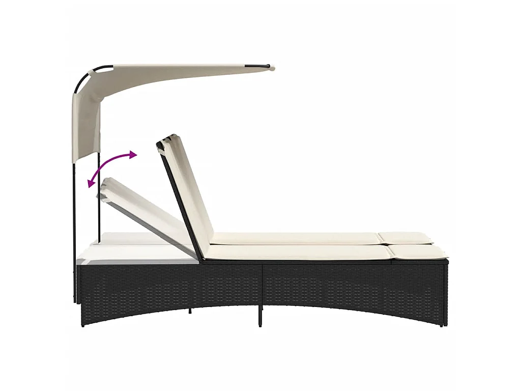 Chaise longue double et auvent et coussins noir résine tressée