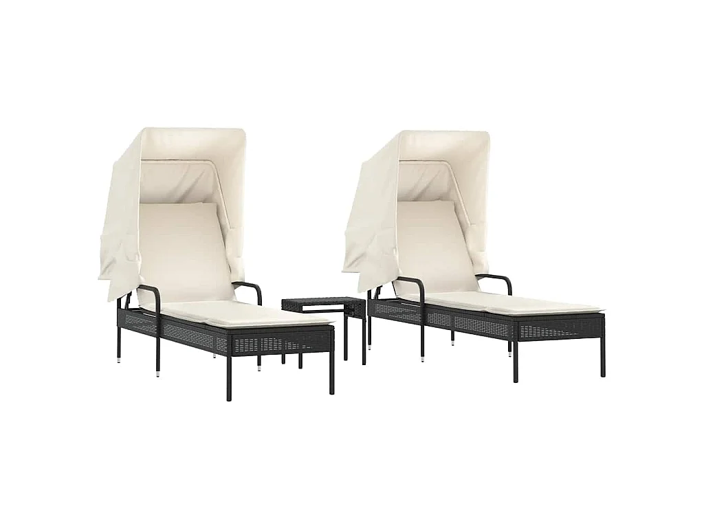 Sonnenliegen 2 Stk. mit Dach und Tisch Schwarz Poly-Rattan
