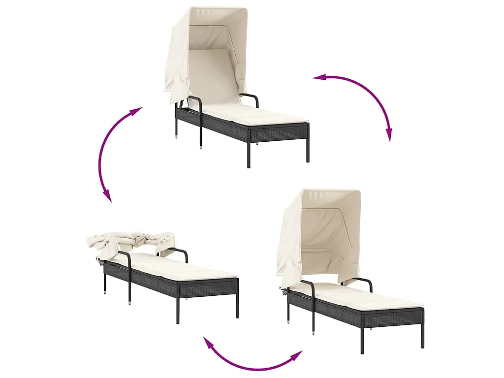 Sonnenliegen 2 Stk. mit Dach und Tisch Schwarz Poly-Rattan