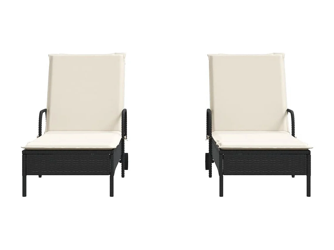 Ligstoelen 2 st met kussens poly rattan zwart