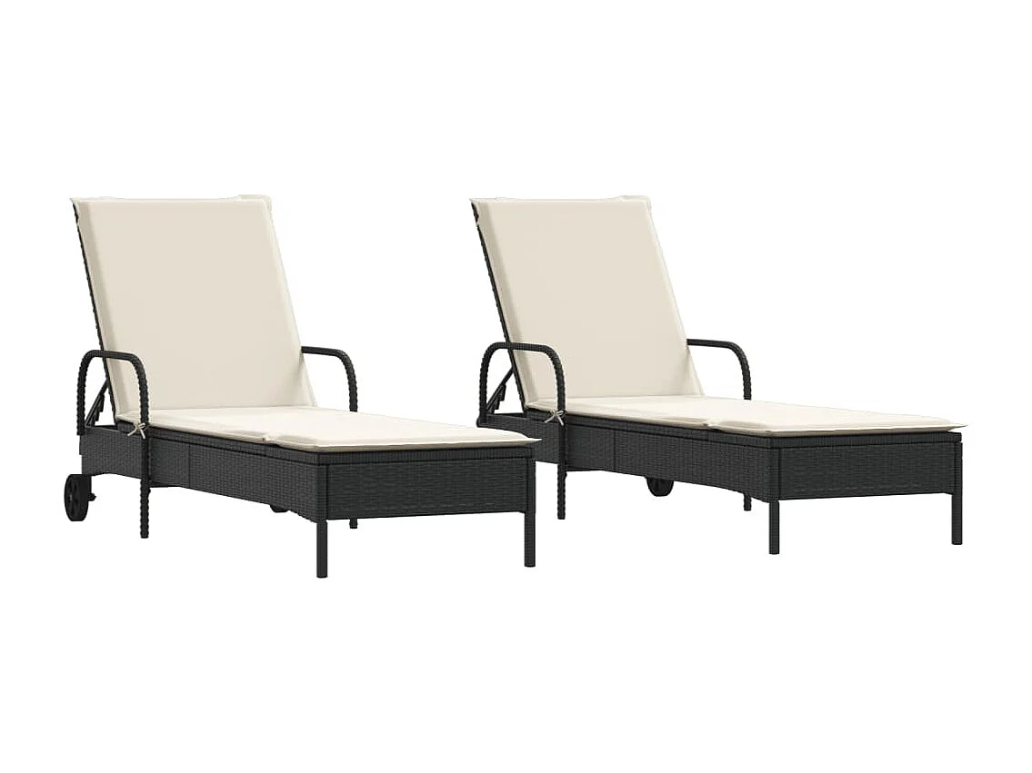 Ligstoelen 2 st met kussens poly rattan zwart