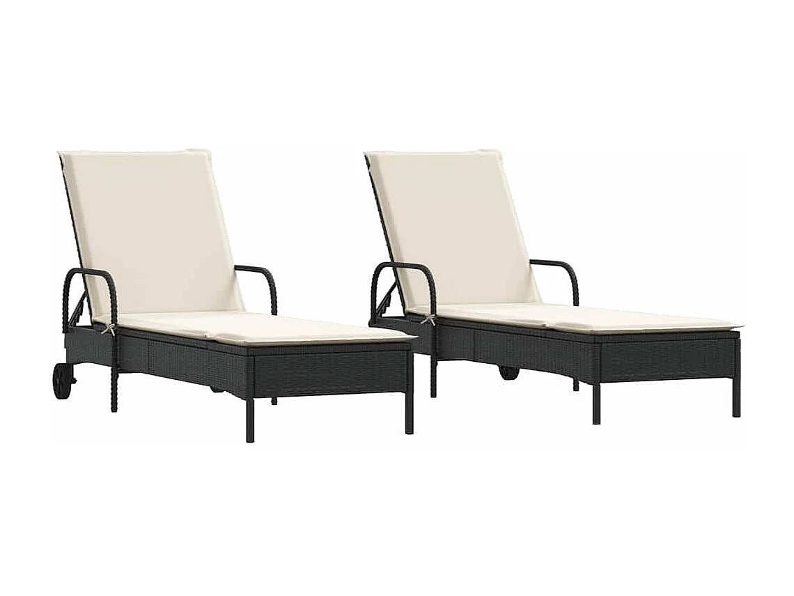 Ligstoelen 2 st met kussens poly rattan zwart