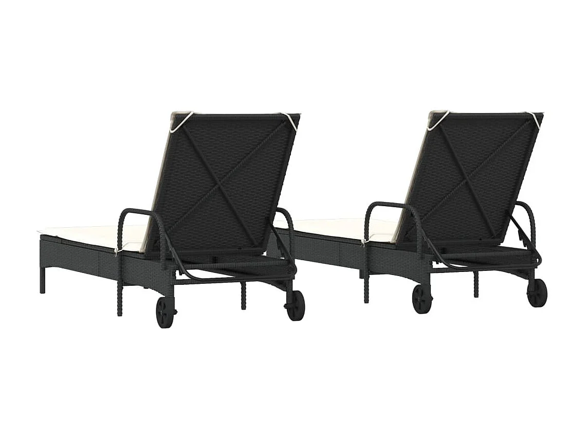 Ligstoelen 2 st met kussens poly rattan zwart