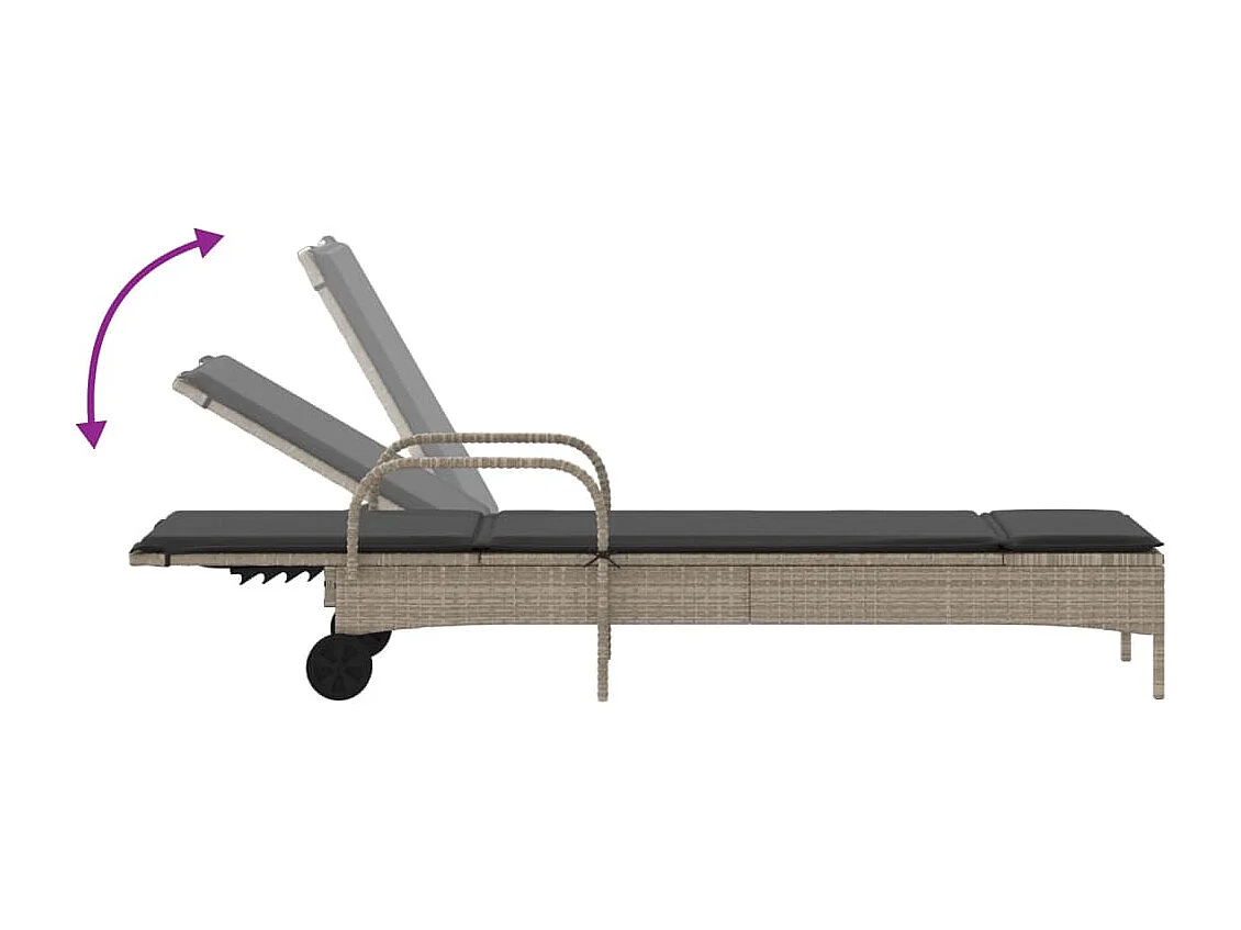 Lettino Prendisole con Ruote e Cuscino Polyrattan Grigio Chiaro