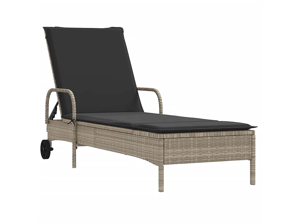 Ligbed met wielen en kussens poly rattan lichtgrijs