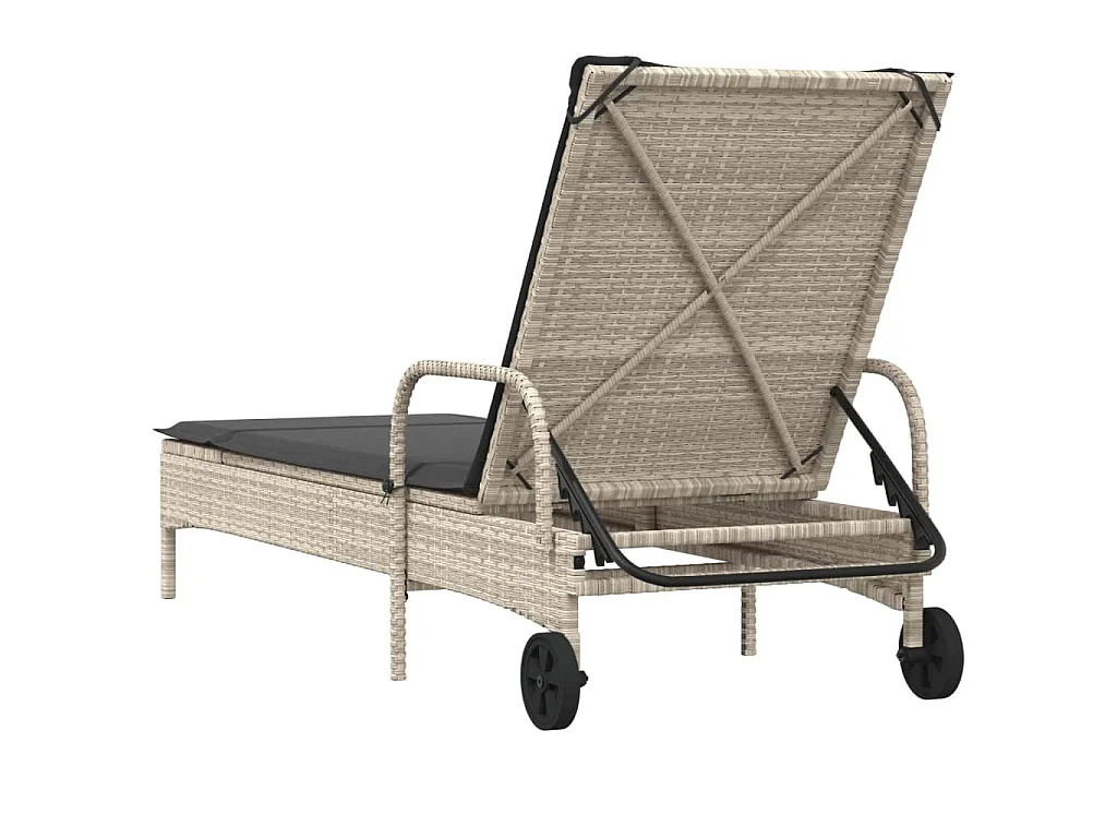 Ligbed met wielen en kussens poly rattan lichtgrijs