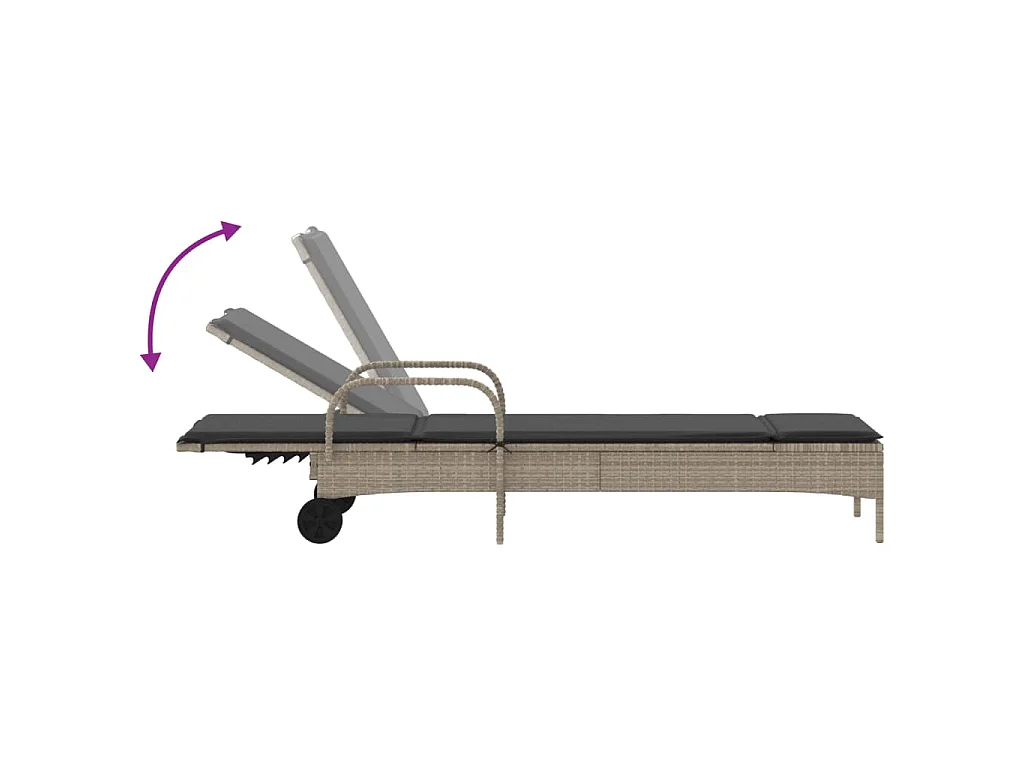 Ligbed met wielen en kussens poly rattan lichtgrijs