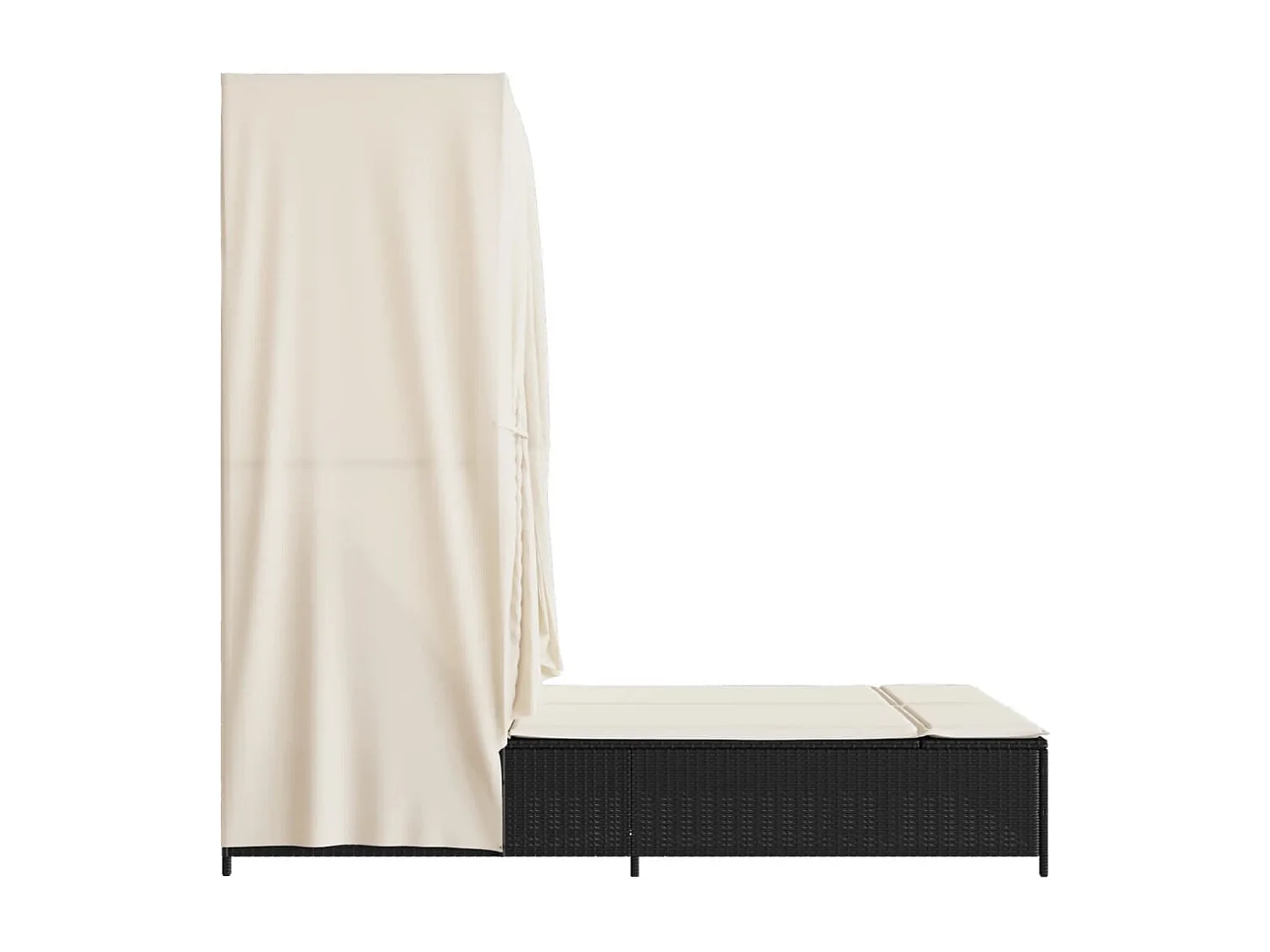 Chaise longue double avec toit et rideaux noir résine tressée