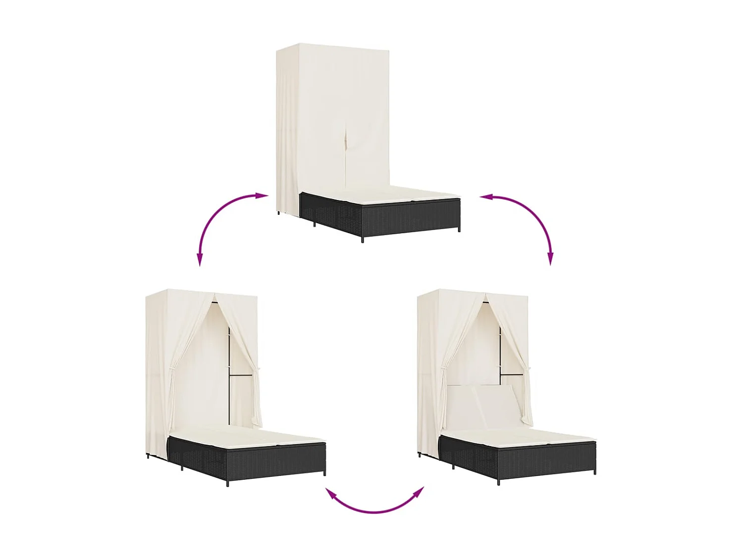 Chaise longue double avec toit et rideaux noir résine tressée