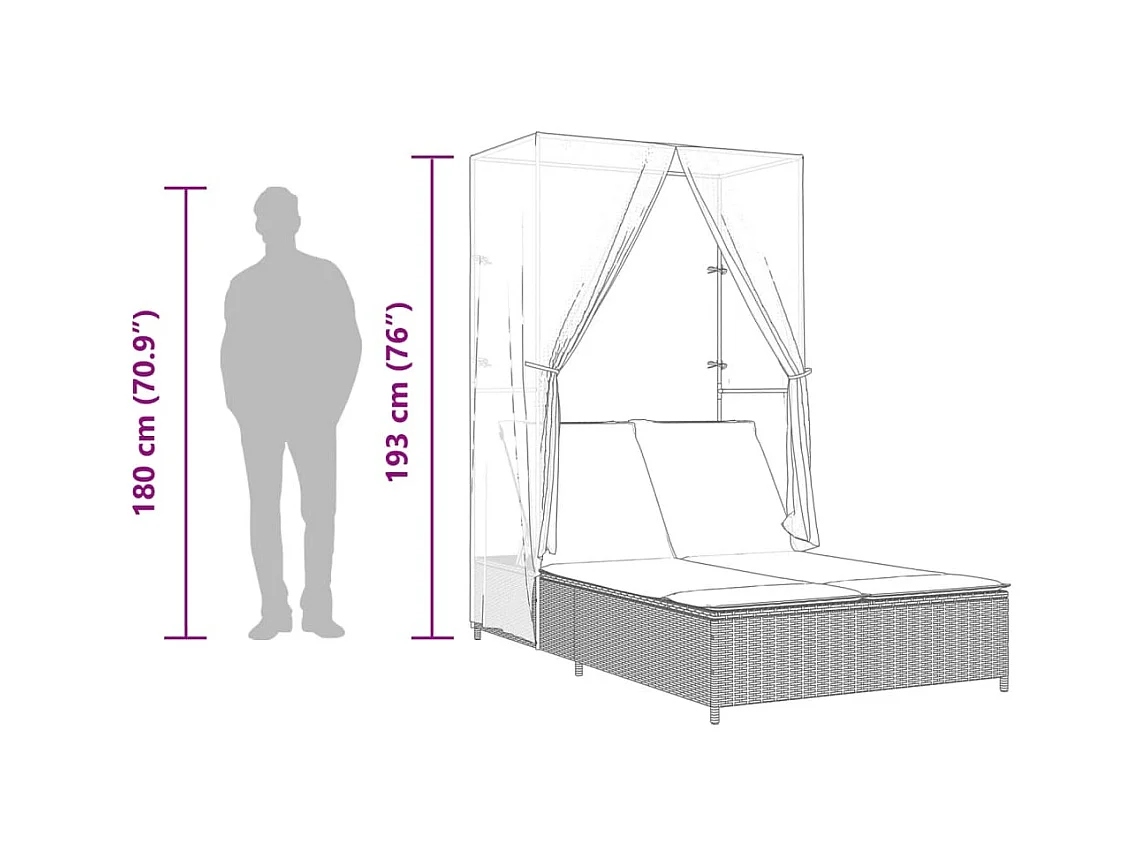 Chaise longue double avec toit et rideaux gris résine tressée