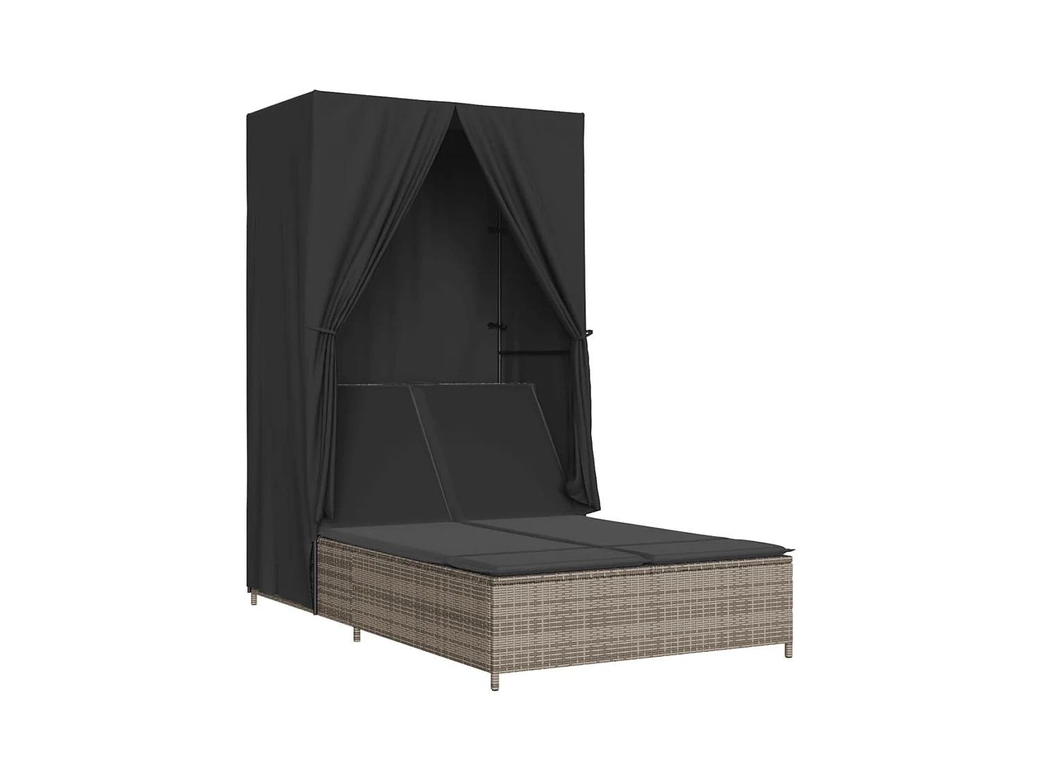 Chaise longue double avec toit et rideaux gris résine tressée