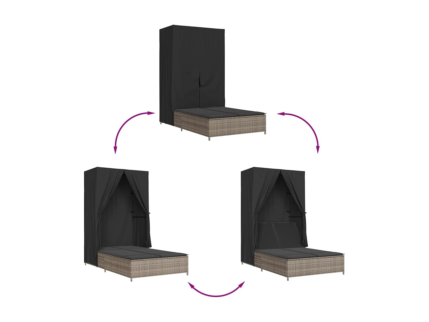 Chaise longue double avec toit et rideaux gris résine tressée