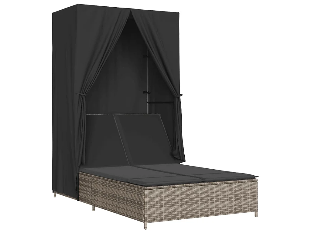 Ligbed tweepersoons met dak en gordijn poly rattan grijs