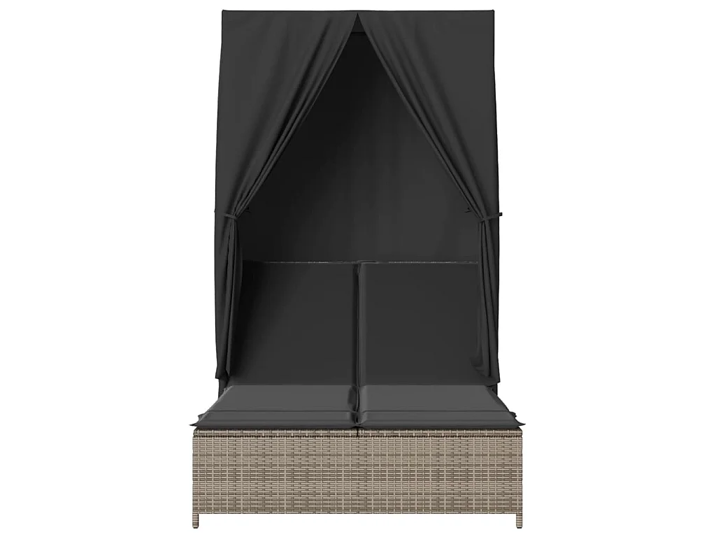 Ligbed tweepersoons met dak en gordijn poly rattan grijs