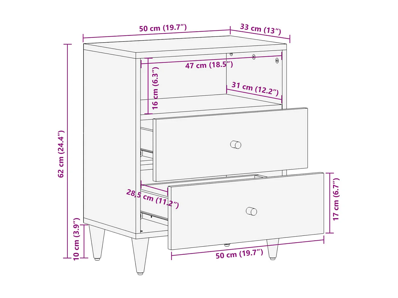 Comodino 50x33x62 cm in Legno Massello di Mango