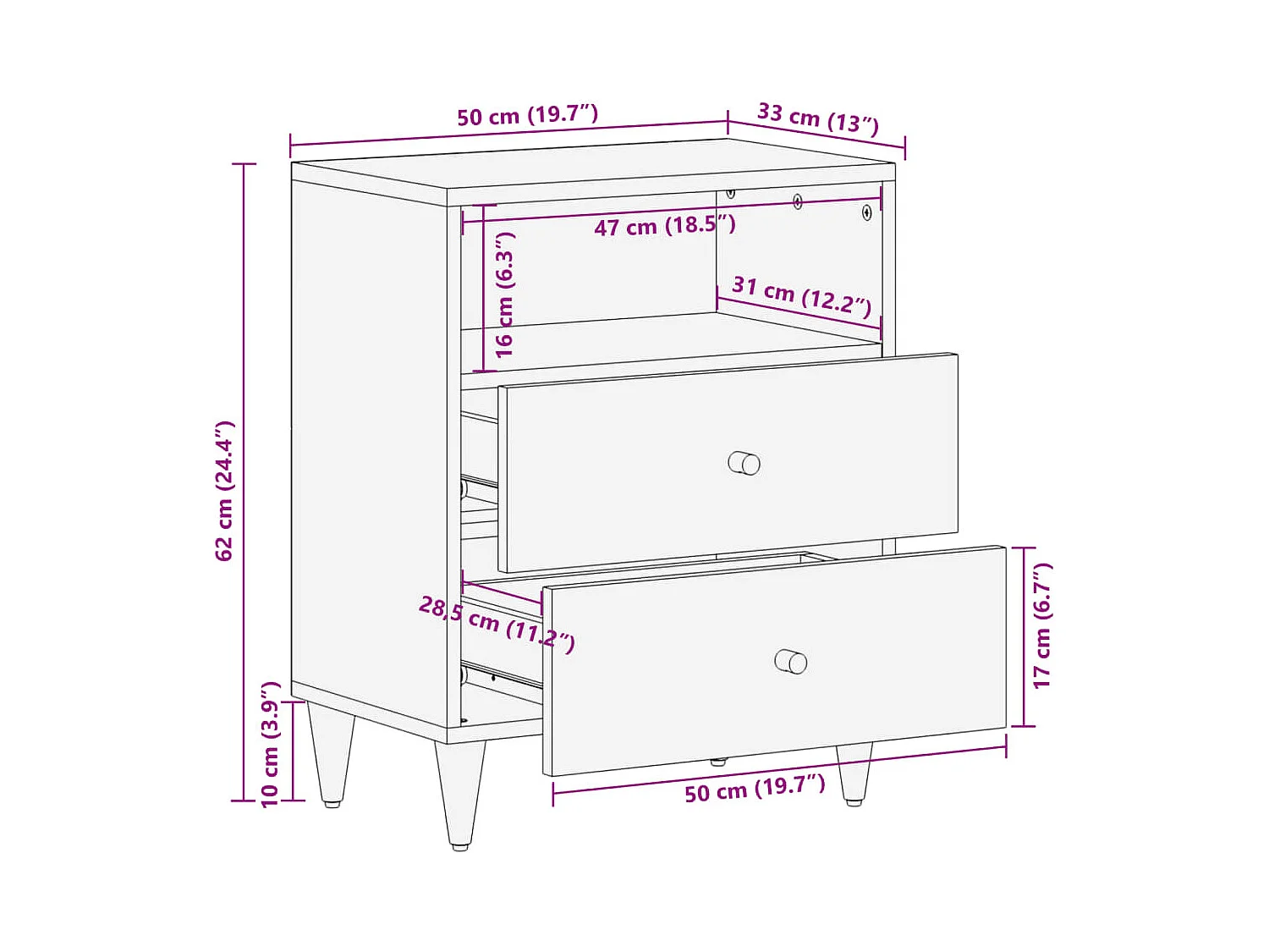 Table de chevet 50x33x62 cm bois de manguier massif