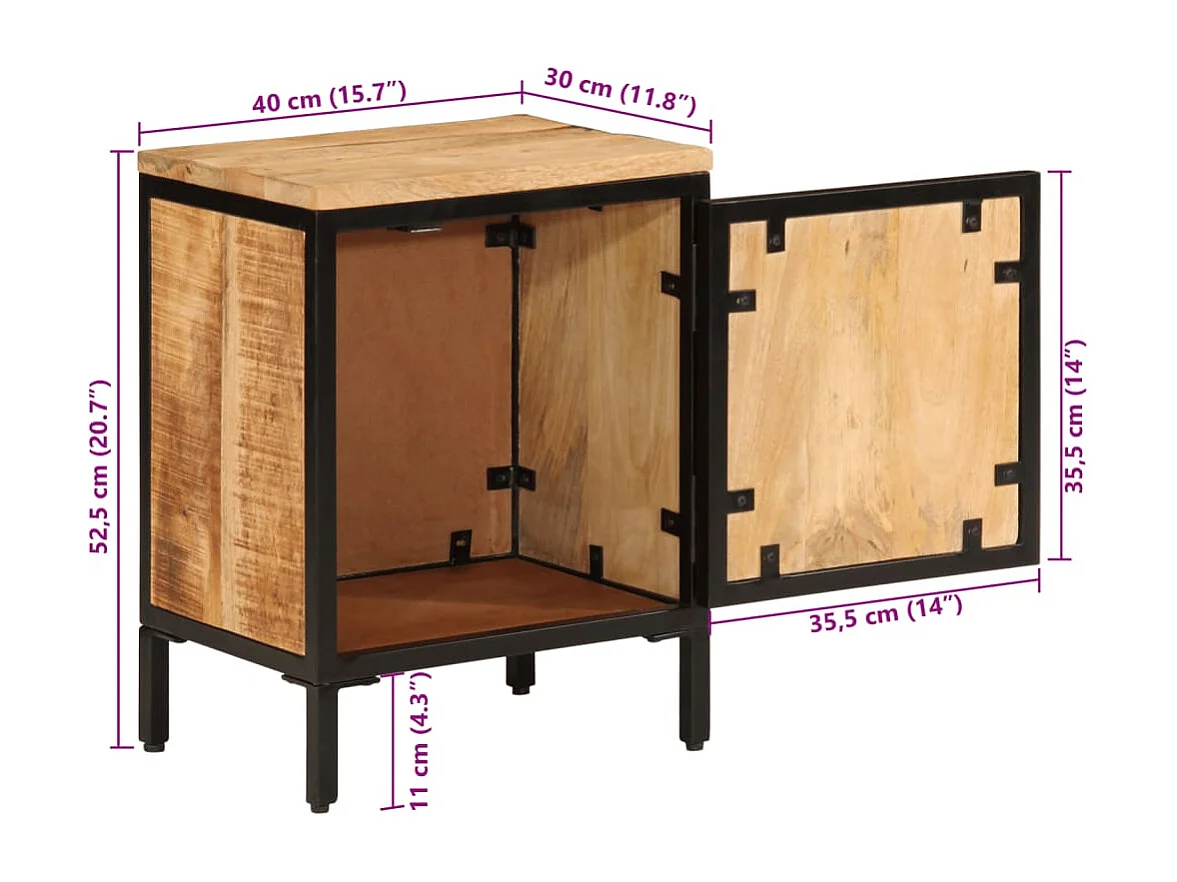 Table de chevet 40x30x52,5 cm bois de manguier massif brut