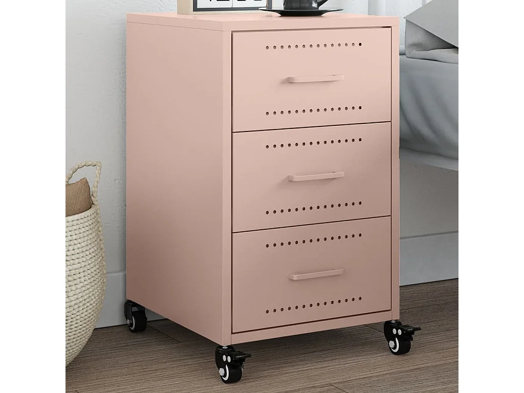 Mesa de cabeceira rosa 36x39x59 cm com 3 gavetas em aço laminado a frio