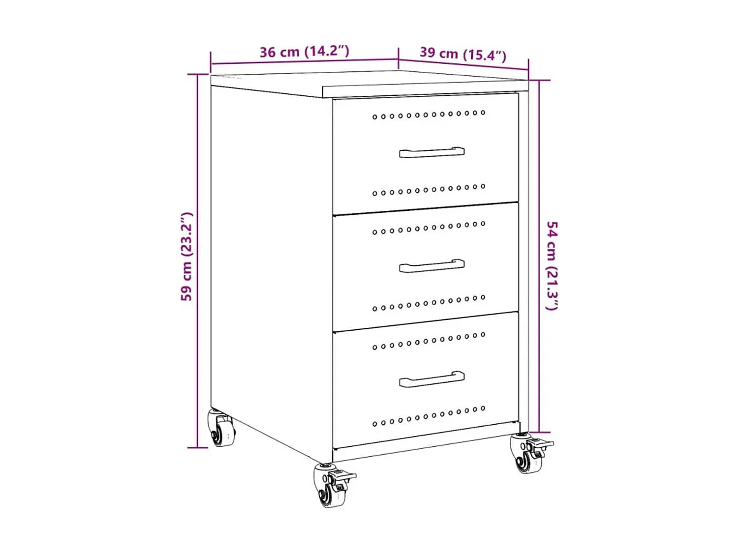 Mesa de cabeceira rosa 36x39x59 cm com 3 gavetas em aço laminado a frio
