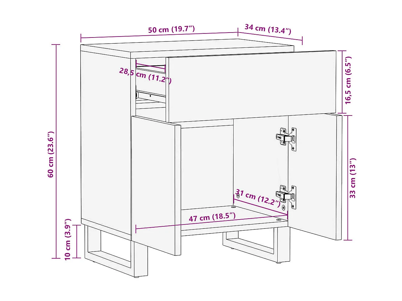 Comodino 50x34x60 cm in Legno Massello di Acacia