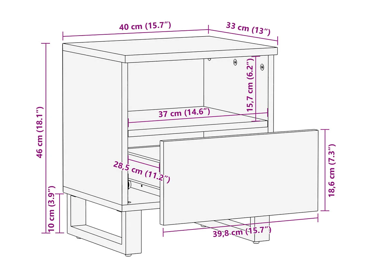 Comodino 40x34x46 cm in Legno Massello di Mango Sbiancato