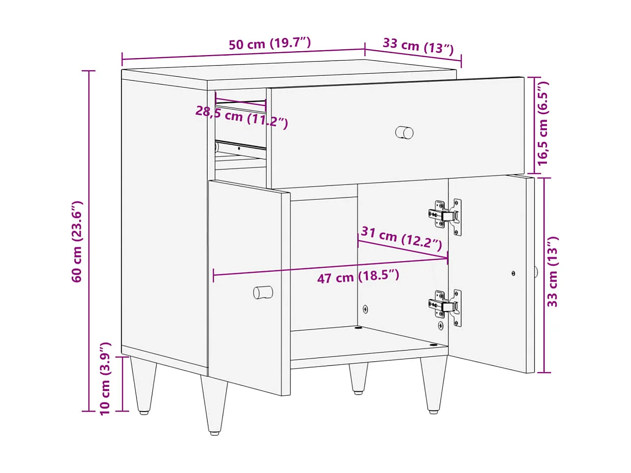 Table de chevet 50x33x60 cm bois de manguier massif