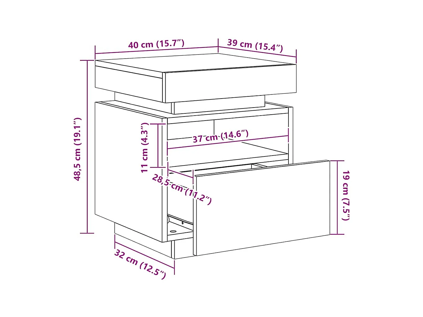 Armoire de chevet avec lumières LED chêne fumé 40x39x48,5 cm