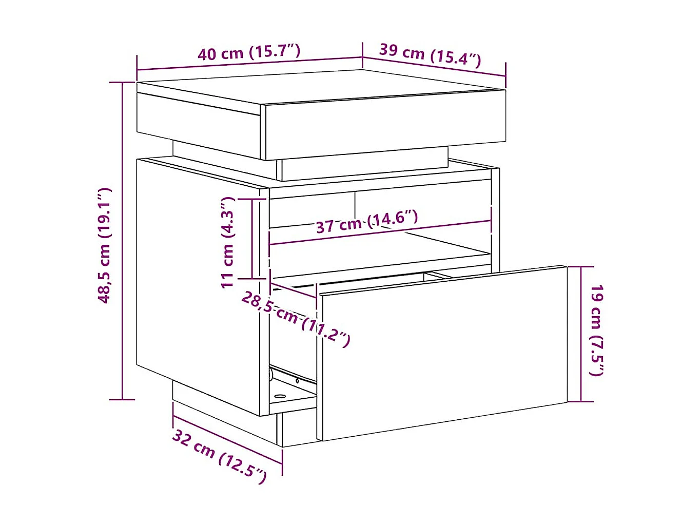 Mesa de cabeceira c/ LEDs 40x39x48,5 cm carvalho fumado