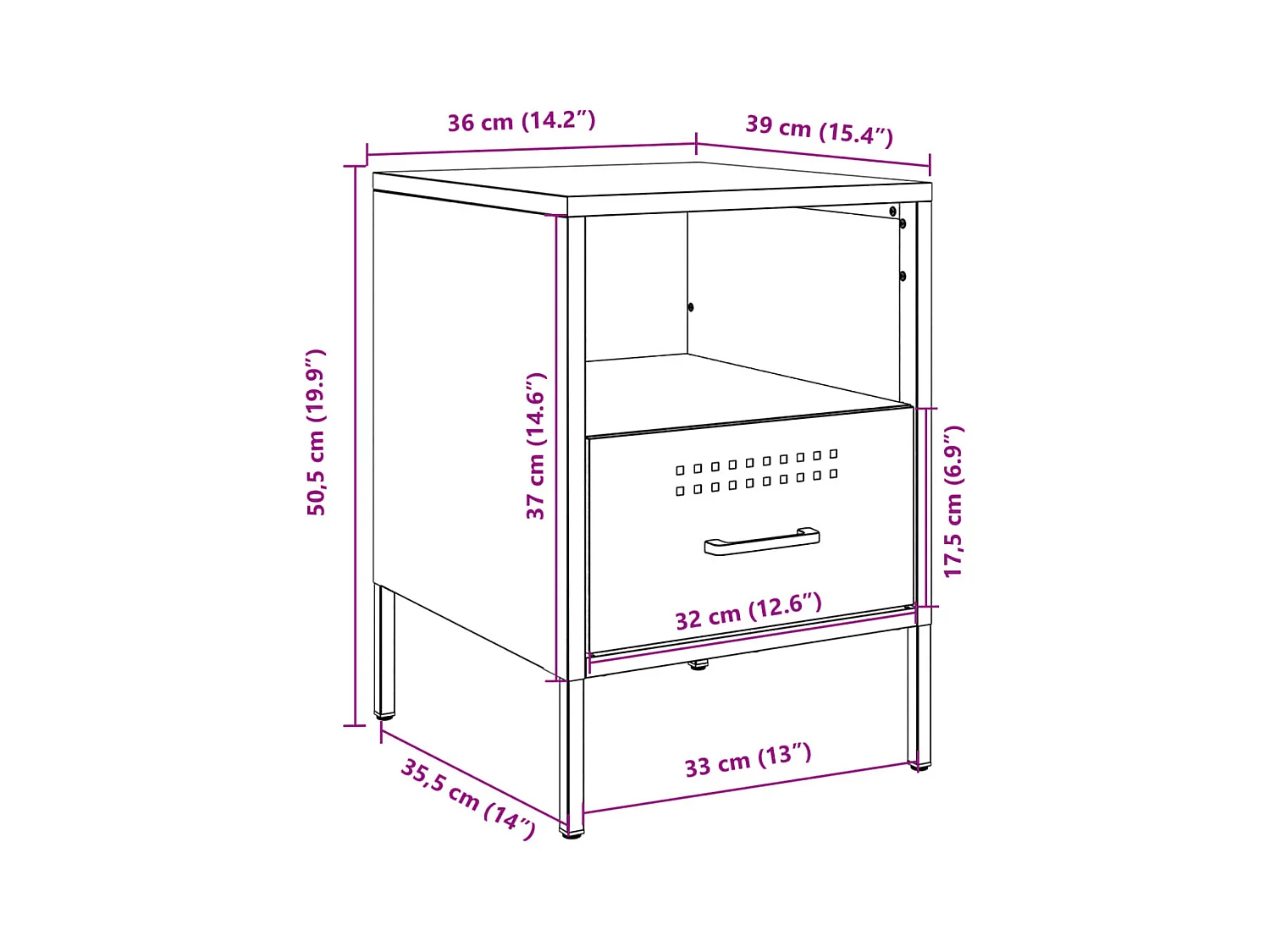 Table de chevet anthracite 36x39x50,5 cm acier