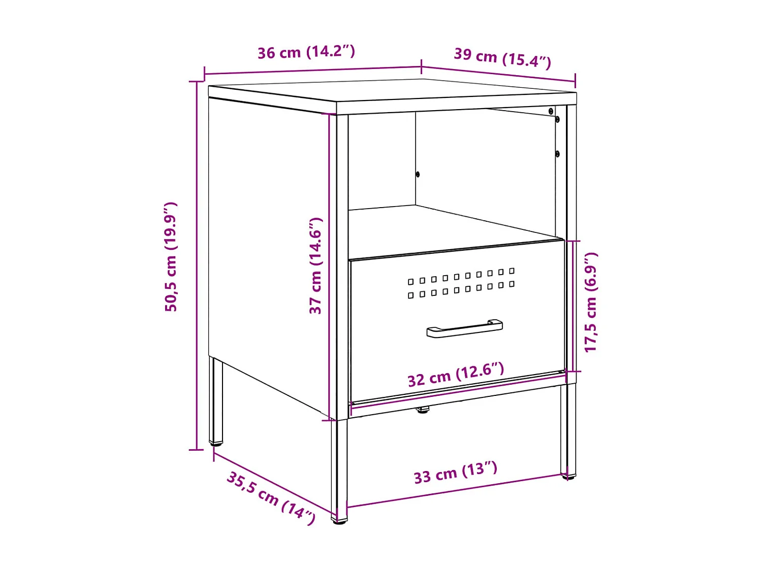 Table de chevet anthracite 36x39x50,5 cm acier